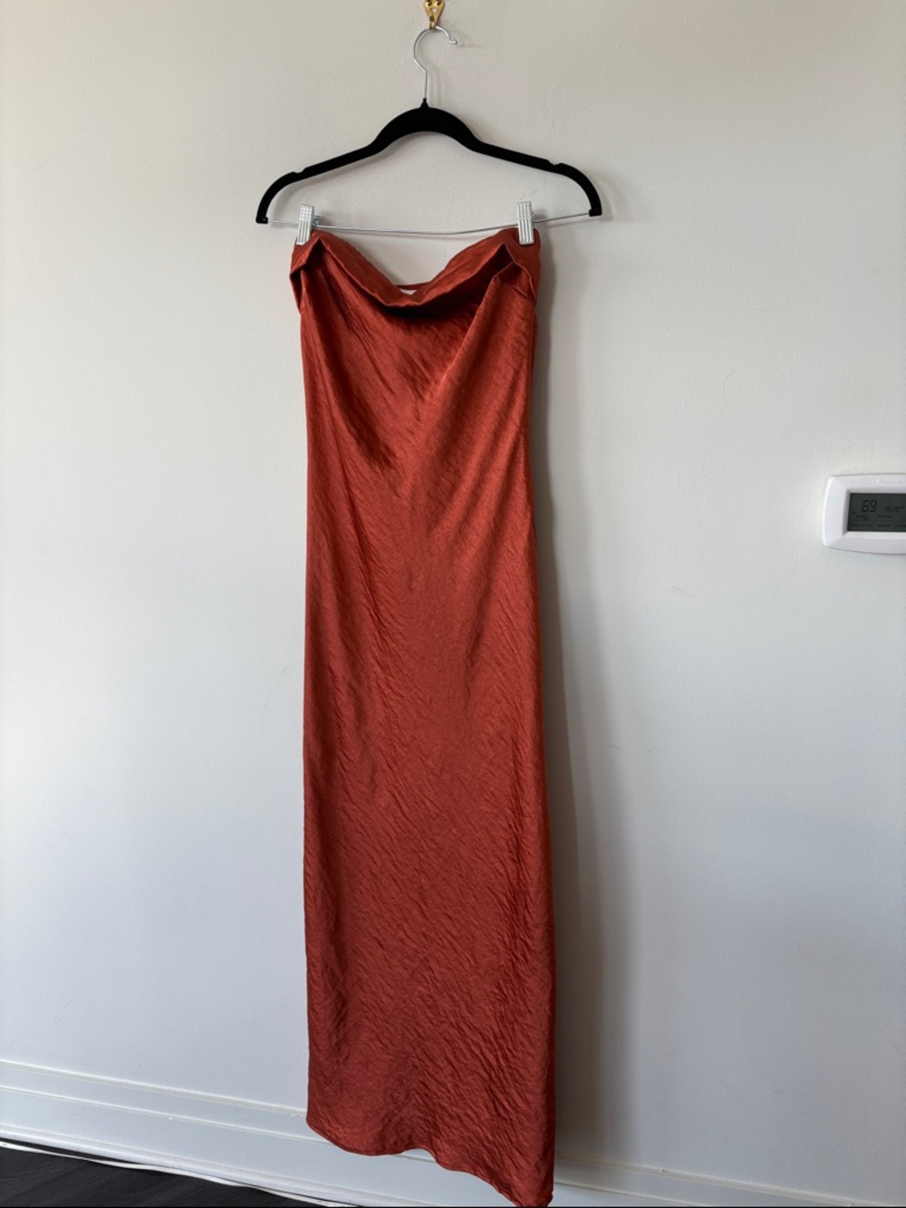 Hello Molly Open Back Maxi Dress Orange Satin Strapless - Picture 5 of 8